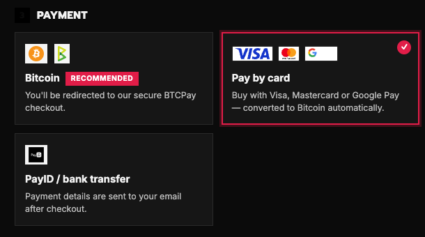 Aussie Peptides checkout with the Pay by card option selected, showing Visa, Mastercard and Google Pay logos