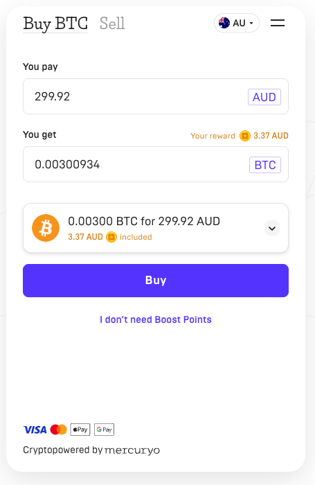 Mercuryo buy screen in Australian dollars showing the You pay and You get fields, fee, and card logos