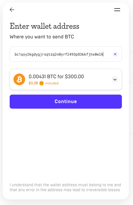 Mercuryo Enter wallet address screen with a Bitcoin address filled and the Continue button enabled
