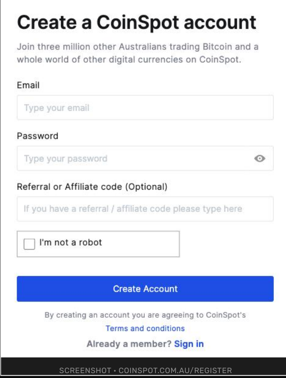 CoinSpot account registration screen