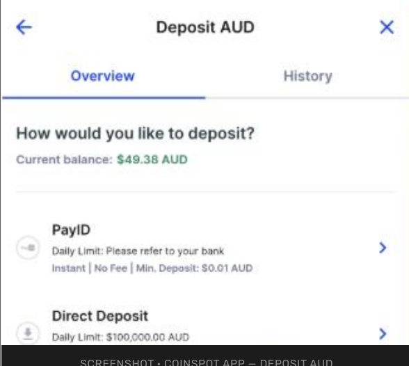 CoinSpot Deposit AUD screen showing PayID as a deposit option