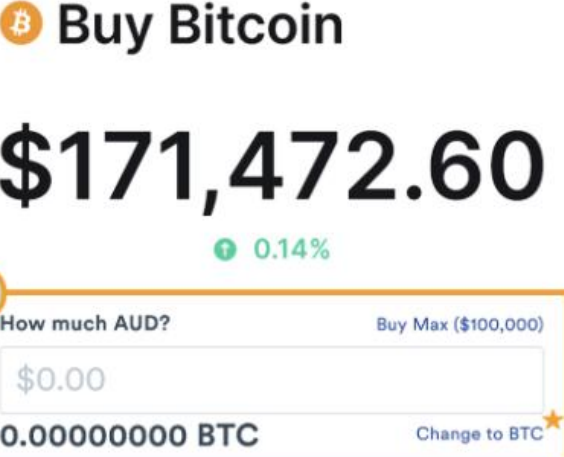 CoinSpot Buy Bitcoin screen with an AUD amount field