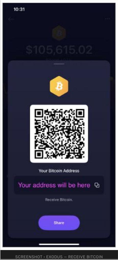 Exodus Receive Bitcoin screen with a QR code and address