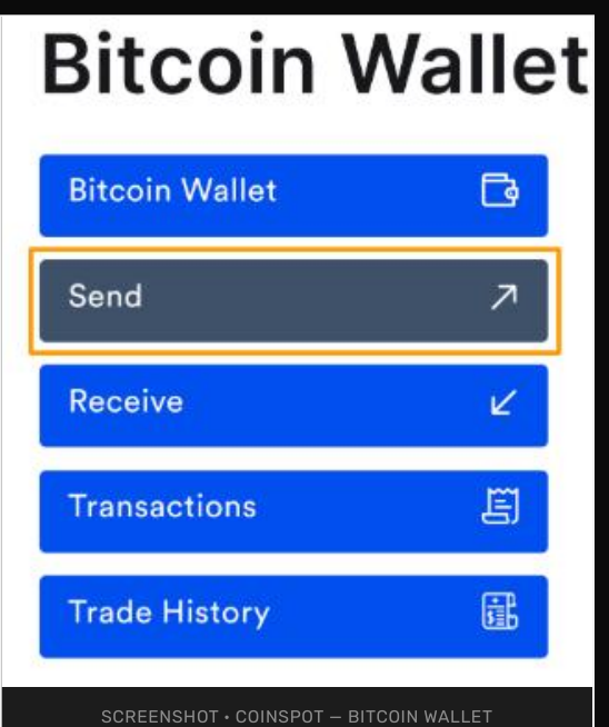 CoinSpot Bitcoin wallet menu with a Send option
